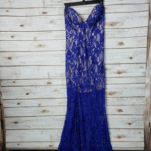 Plunge Dress Royal Lace Nude Mini Sheer Slit Party